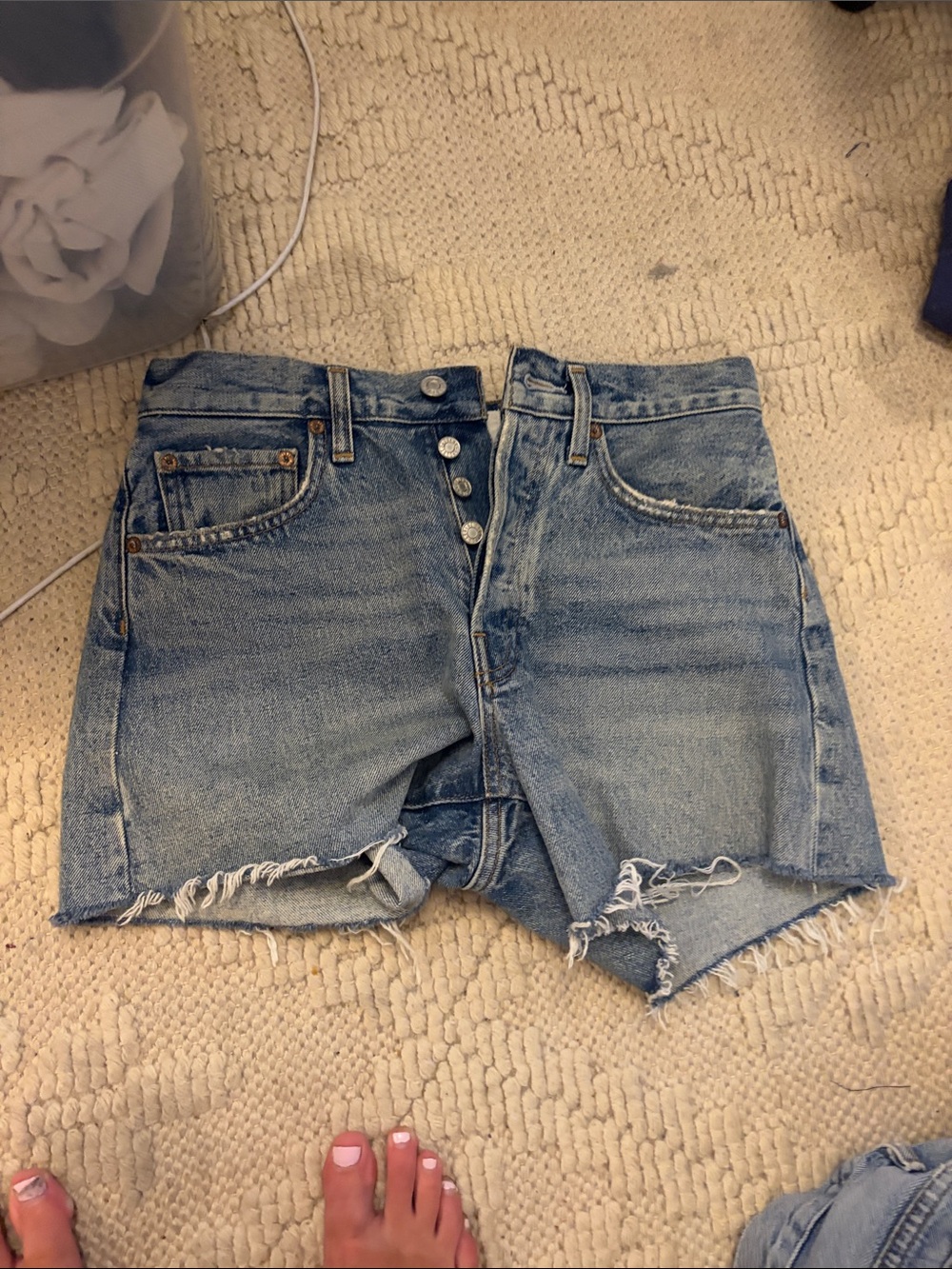 Agolde Light Blue Distressed Button-Fly Jean Shorts